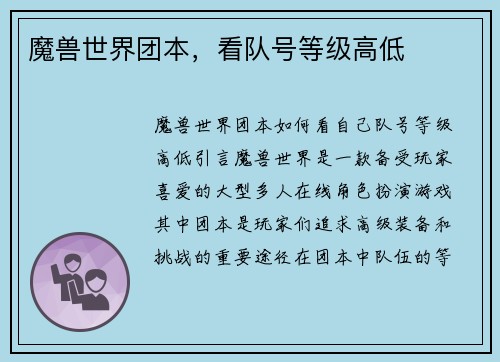 魔兽世界团本，看队号等级高低